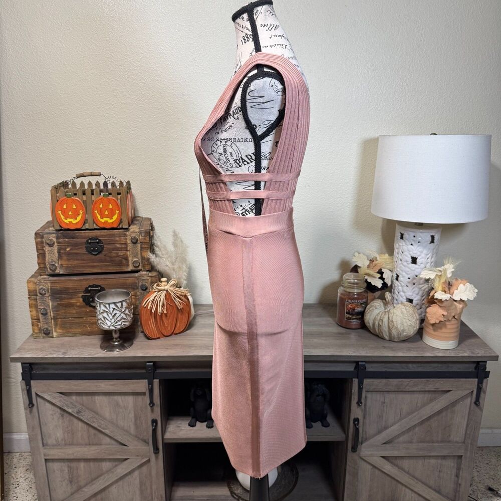 House Of CB Mara Deep Plunge Bandage Midi Dress Blush Size M Bodycon Glam - Picture 5 of 11